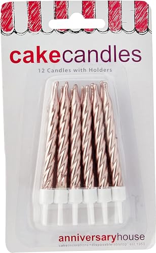 Anniversary House Pack of 12 Rose Gold Metallic Spiral Birthday Candles with Holders | 7.5cm Tall