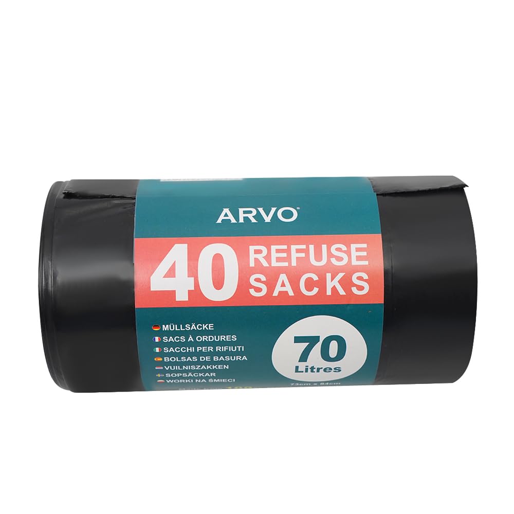 ARVO 70L Bin Bags - 40 Flat Bottom Refuse Sacks | 73 x 84 cm | 100% Recycled LDPE 7