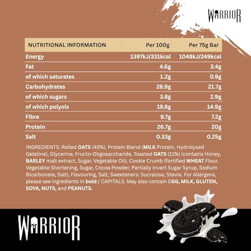Warrior Raw Protein Bars - 12 x 75g Cookies & Cream High Protein Oat Flapjacks - Low Sugar, High Fibre - UK Made
