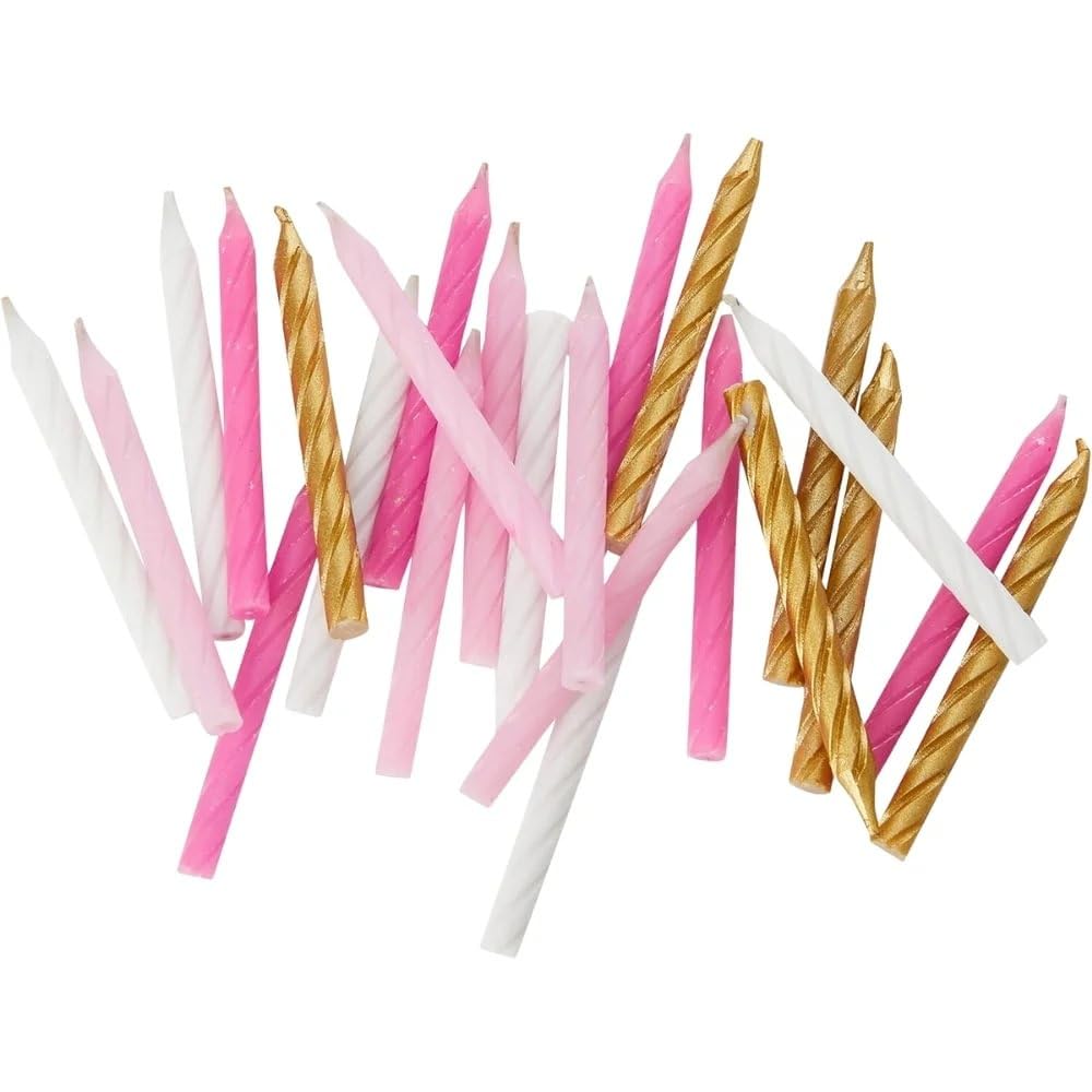 Unique Party Spiral Birthday Candles - Pink, White & Gold | Pack of 24 | 6cm
