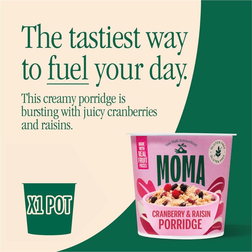 MOMA Instant Porridge Pots Cranberry & Raisin - 70g - Gluten Free, High Fibre, Source of Protein, Rich in Vitamin B6