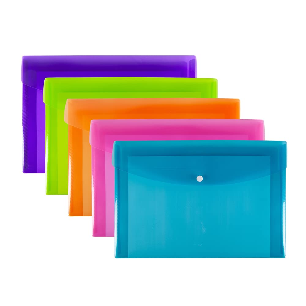 SUMMIT A4+ Plastic Popper Wallets - Assorted Colours Document Folders | Pack of 5 | Heavy Duty Polypropylene 1