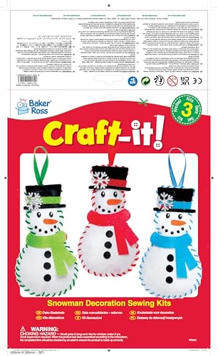 Baker Ross FE949 Snowman Decoration Sewing Kits - Pack of 3, Arts & Crafts Sewing Set for Kids 11