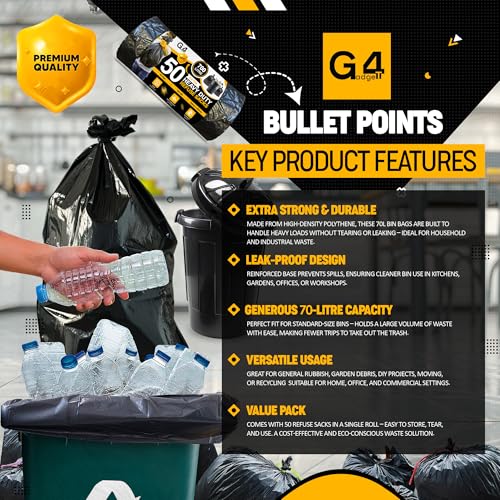 G4GADGET 70L Bin Bags (10 Pack) - Heavy Duty Black Refuse Sacks, Tear & Leak-Resistant Waste Bags