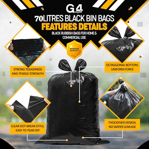 G4GADGET 70L Bin Bags (10 Pack) - Heavy Duty Black Refuse Sacks, Tear & Leak-Resistant Waste Bags