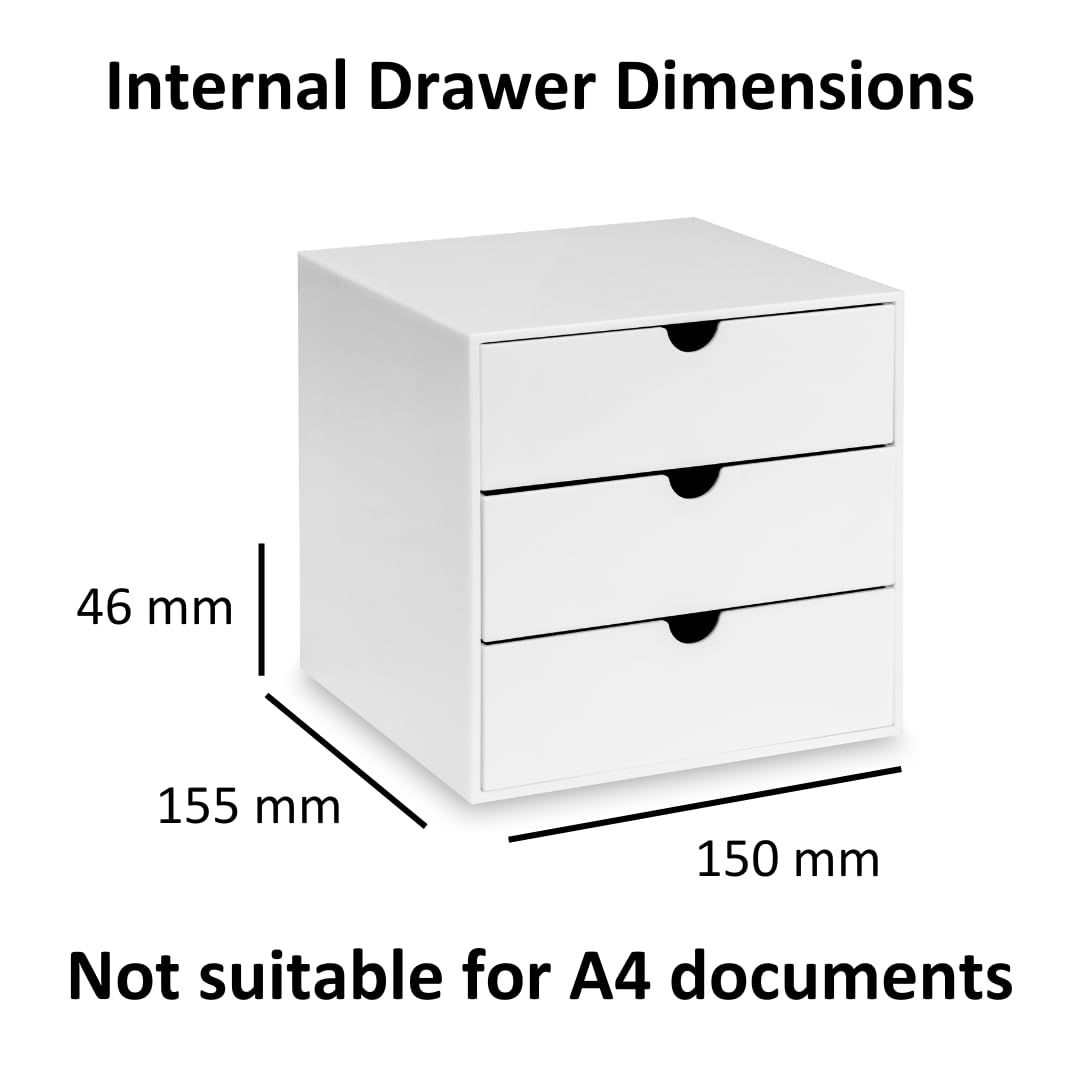 Osco White Hi-Gloss ABS Plastic Cube Desk Organiser - 3 Drawers | Stackable | Fits IKEA KALLAX 2