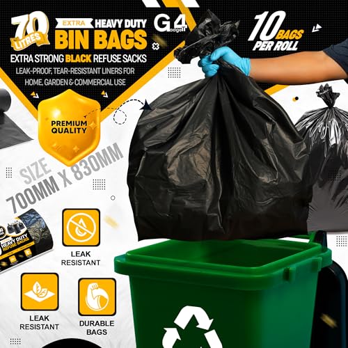 G4GADGET 70L Bin Bags (10 Pack) - Heavy Duty Black Refuse Sacks, Tear & Leak-Resistant Waste Bags