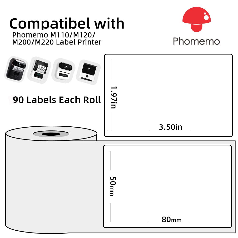 Phomemo Thermal Address Labels - 50x80mm Self-Adhesive | 100 Labels per Roll | Compatible with M110/M120/M220