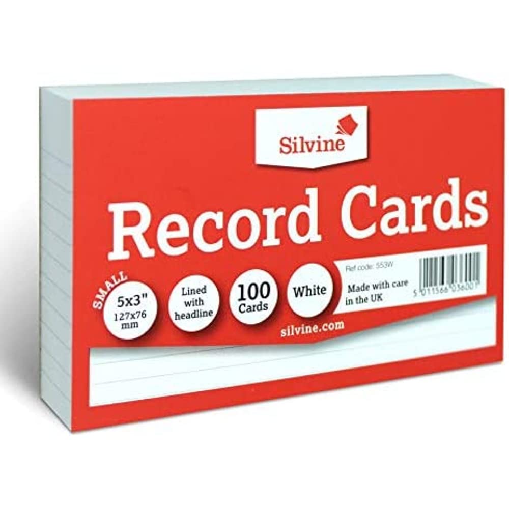 Silvine Record Cards - 5x3 Inch | Lined with Headline | 100 Cards per Pack | White 1