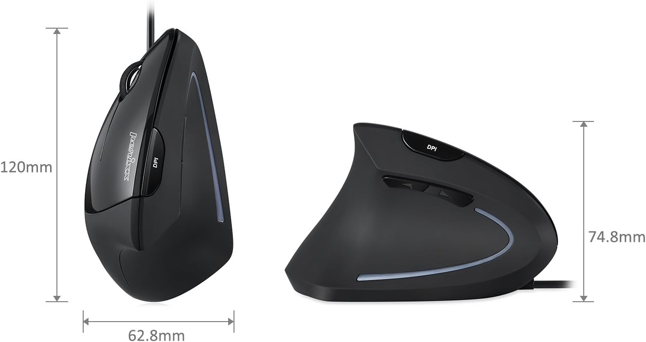Perixx PERIMICE-513L Left-Handed Wired Vertical Mouse - 6 Button Optical with 1000/1600/3200/6400 DPI, Black 3