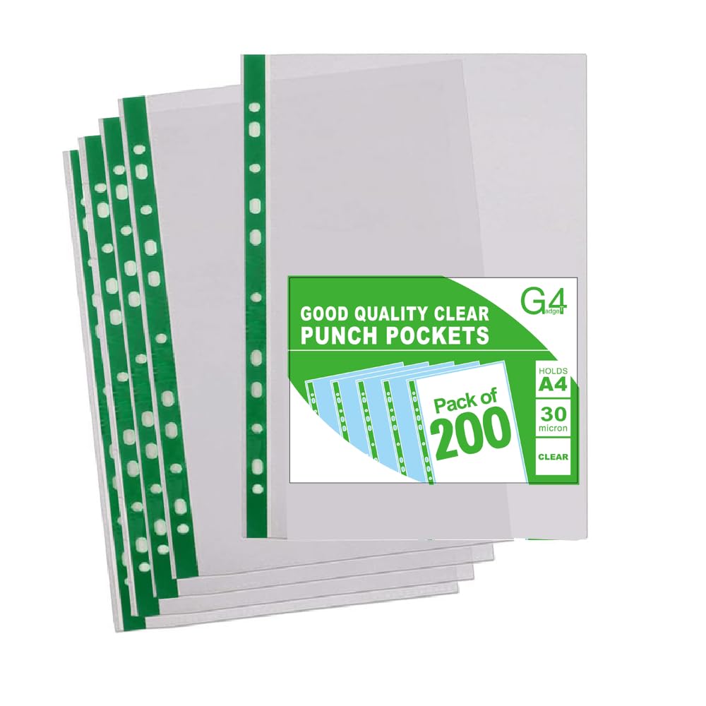G4GADGET A4 Plastic Punched Pockets - 200 Pack Value | 10-15 Sheet Capacity | 30 Micron Clear PP 1