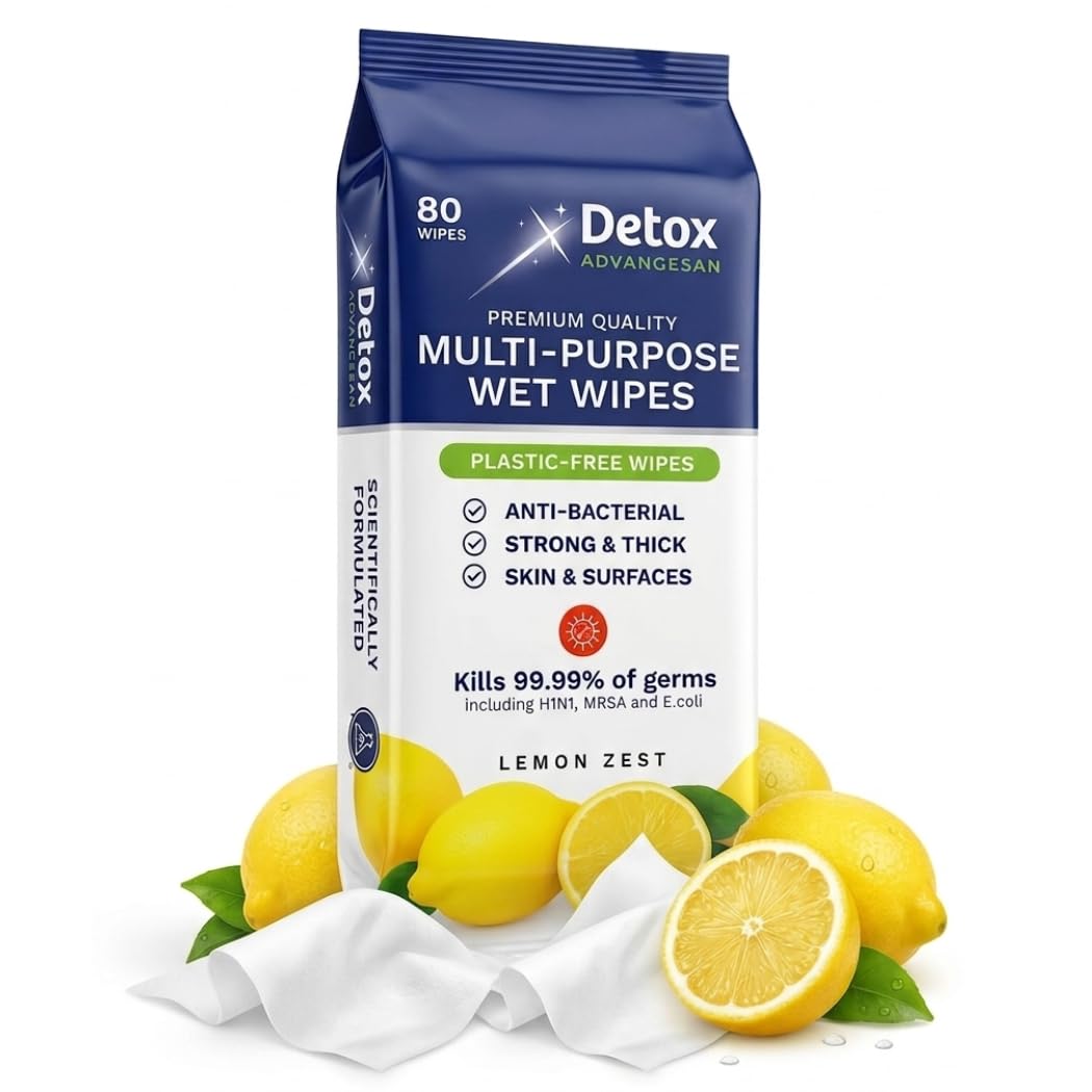 Detox AdvanceSan Multipurpose Antibacterial Wipes - Biodegradable, Lemon Scented, 80 Count 1
