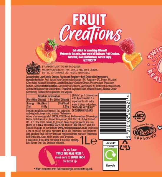 Robinsons Fruit Creations Peach & Raspberry Squash, 1L