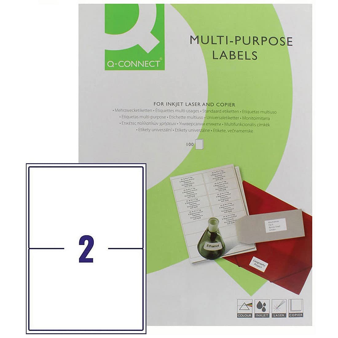 Q-Connect Multipurpose Labels - 199.6x143.5mm White, 2 Labels Per Sheet | 200 Pack