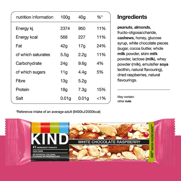 KIND White Chocolate Raspberry Snack Bars, Gluten Free, High Fibre, No Artificial Ingredients, 12 x 40g 6