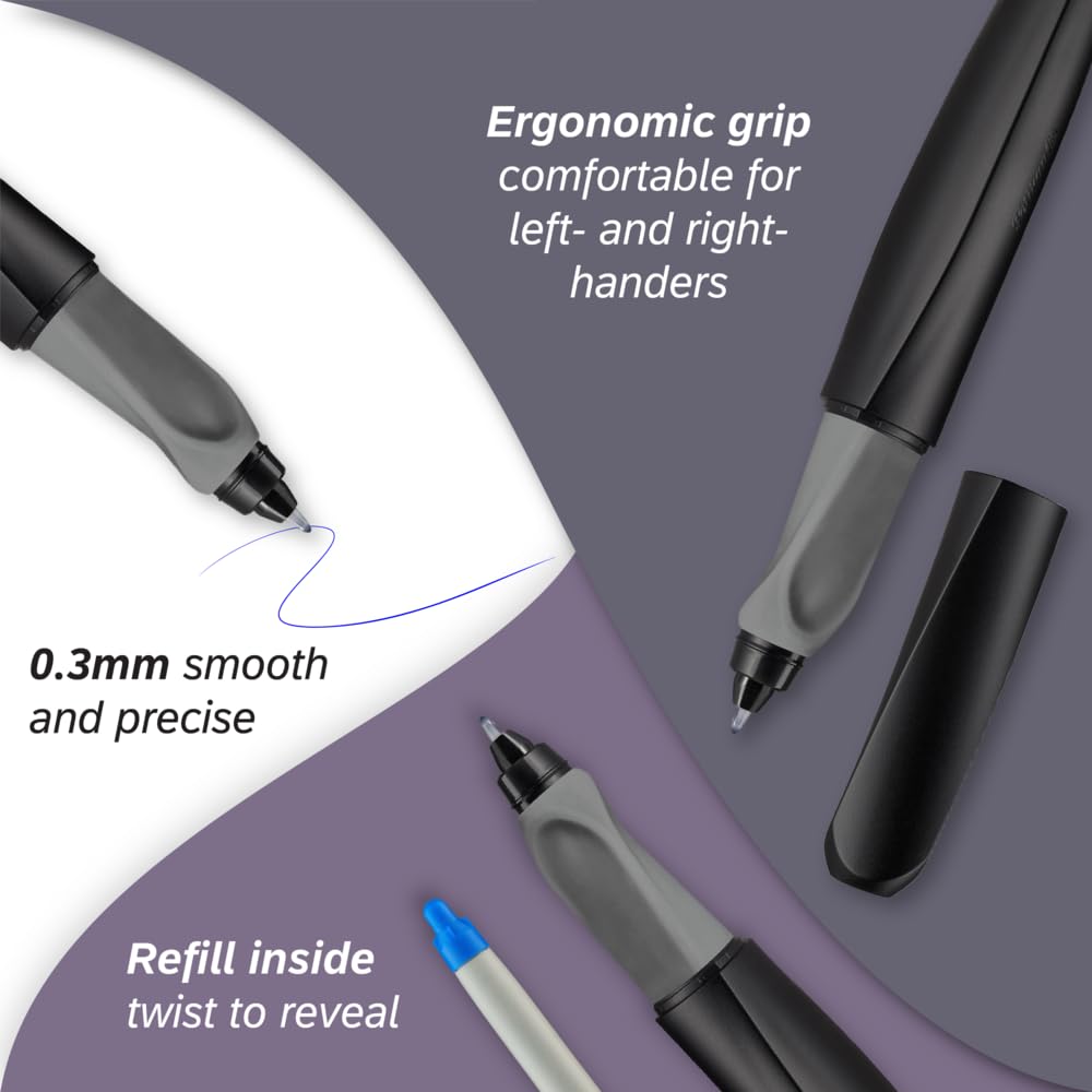 Pelikan Twist Rollerball Pen 946962 - Ambidextrous Ergonomic Design | Black Plastic | Includes 2 Blue Ink Cartridges