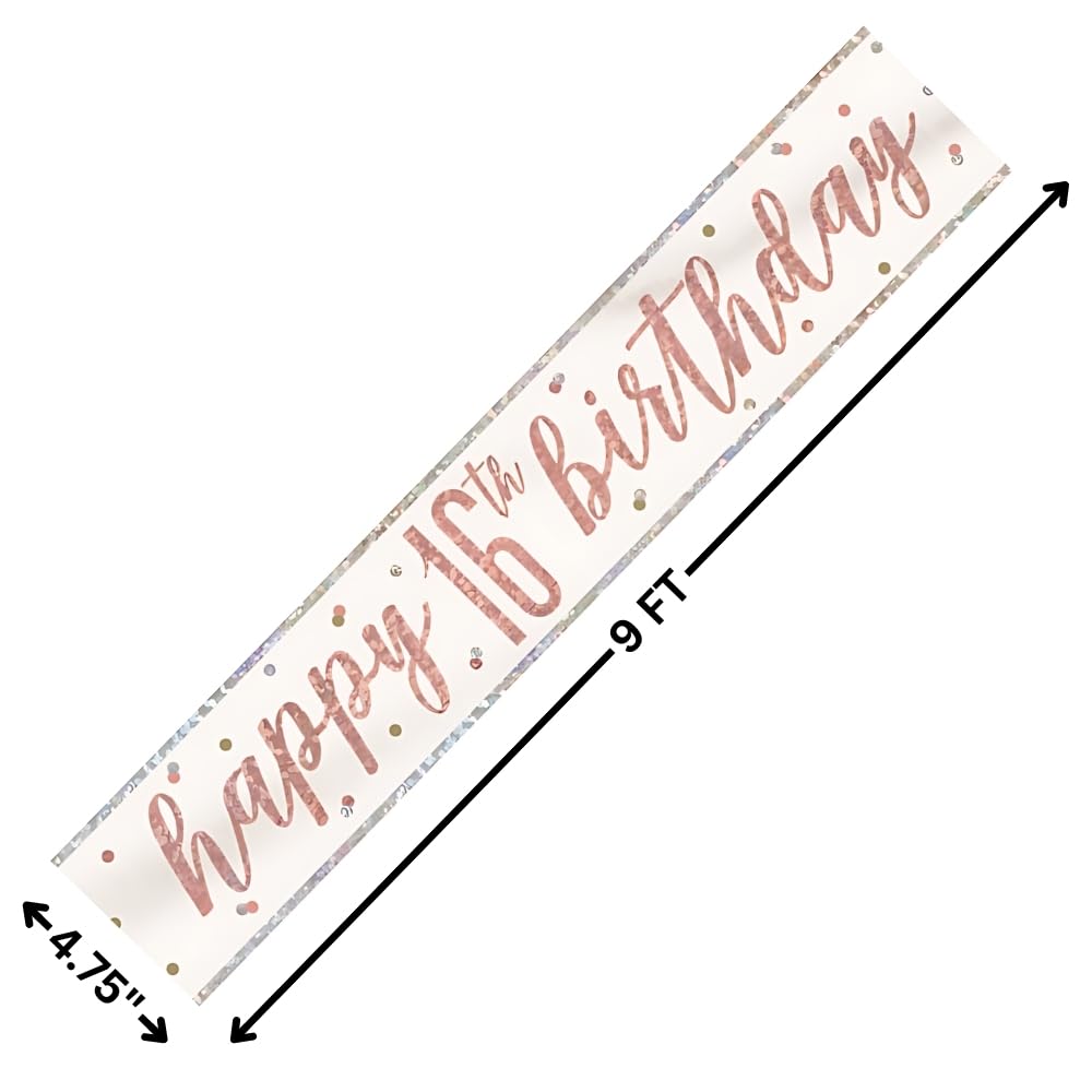 Unique Party Rose Gold Happy 16th Birthday Glitz Foil Banner - 274cm | Plastic
