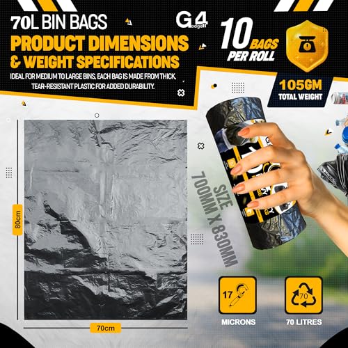 G4GADGET 70L Bin Bags (10 Pack) - Heavy Duty Black Refuse Sacks, Tear & Leak-Resistant Waste Bags