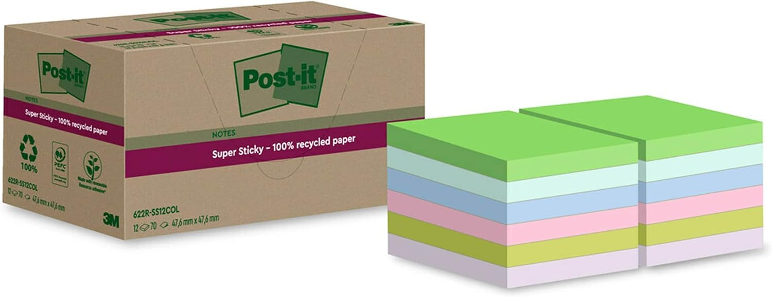 Post-it Super Sticky 100% Recycled Notes - 12 Pads, 70 Sheets/Pad | Multi-Color