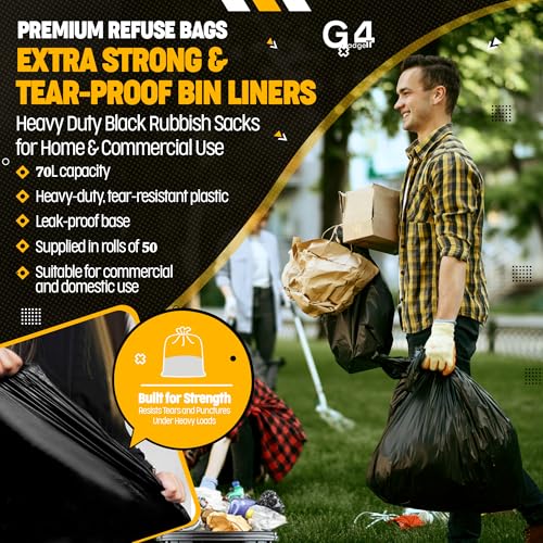 G4GADGET 70L Bin Bags (10 Pack) - Heavy Duty Black Refuse Sacks, Tear & Leak-Resistant Waste Bags