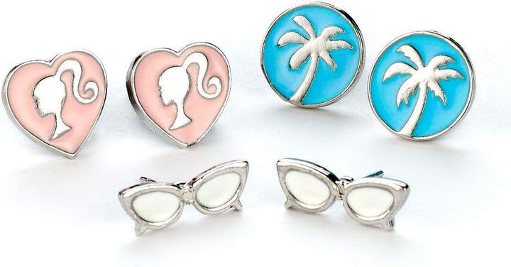 Barbie Set of Three Classic Stud Earrings - Barbie Silhouette, Palm Tree, and Glasses Designs - Zinc, Nickel-Safe, Cadmium & Lead-Free