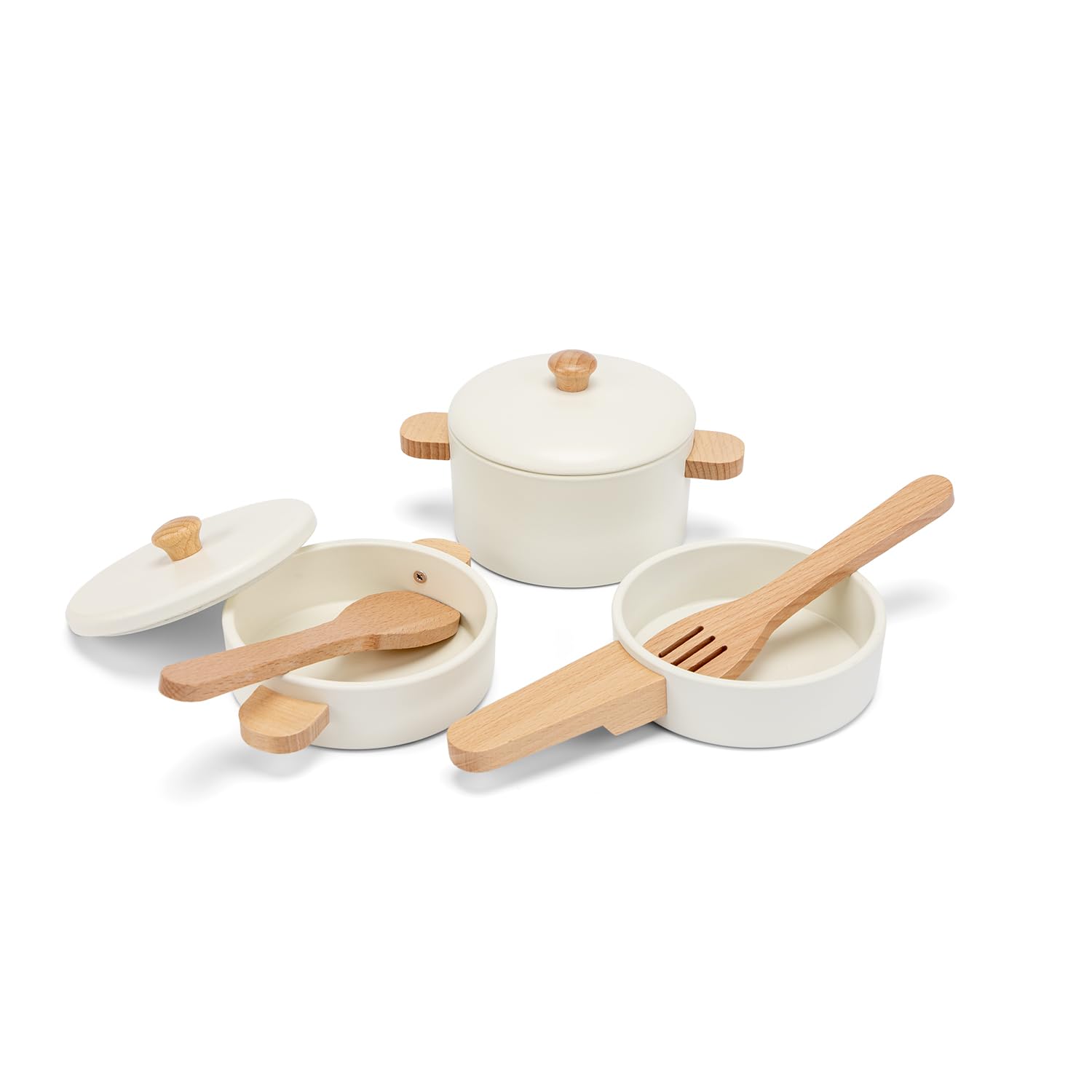 Woet Wooden Pots and Pans Set - 7-Piece FSC Wood Cookware for Toddlers 24 Months+