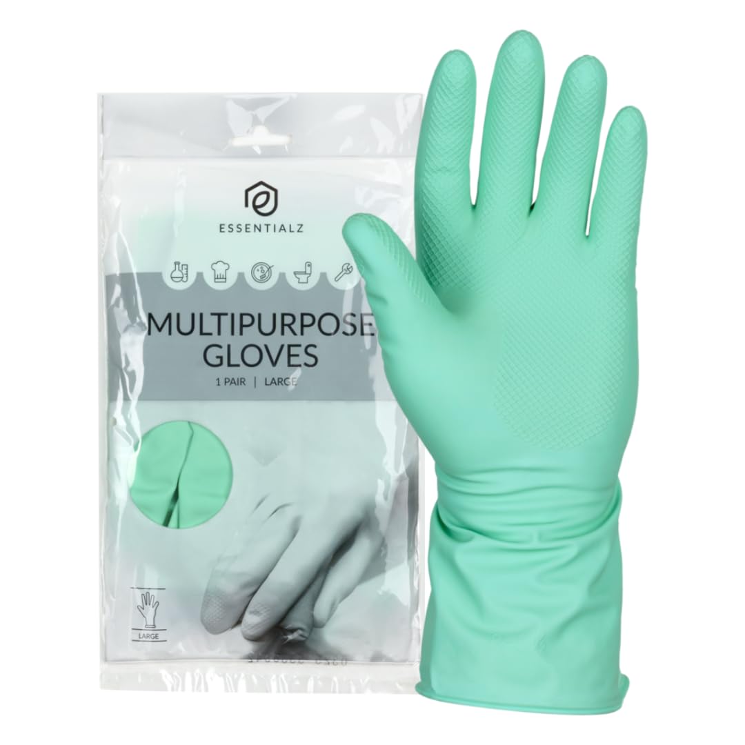 Essentialz Green Heavy Duty Latex Household Gloves - Size L, Reusable, CE CAT III Certified
