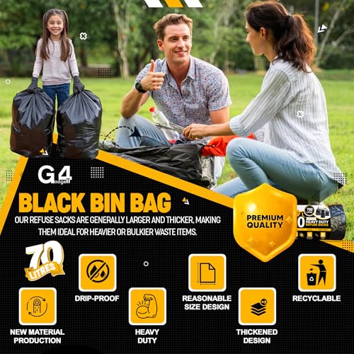G4GADGET 70L Bin Bags (10 Pack) - Heavy Duty Black Refuse Sacks, Tear & Leak-Resistant Waste Bags