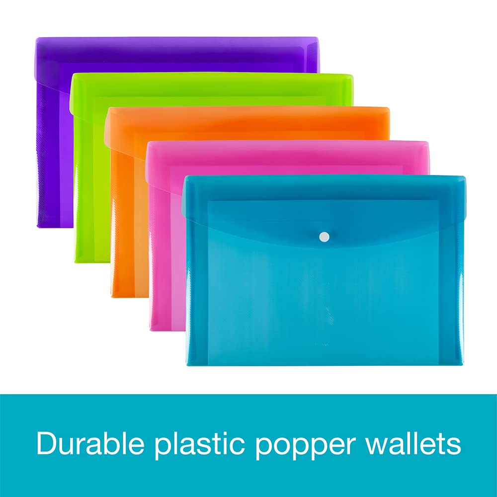 SUMMIT A4+ Plastic Popper Wallets - Assorted Colours Document Folders | Pack of 5 | Heavy Duty Polypropylene 4
