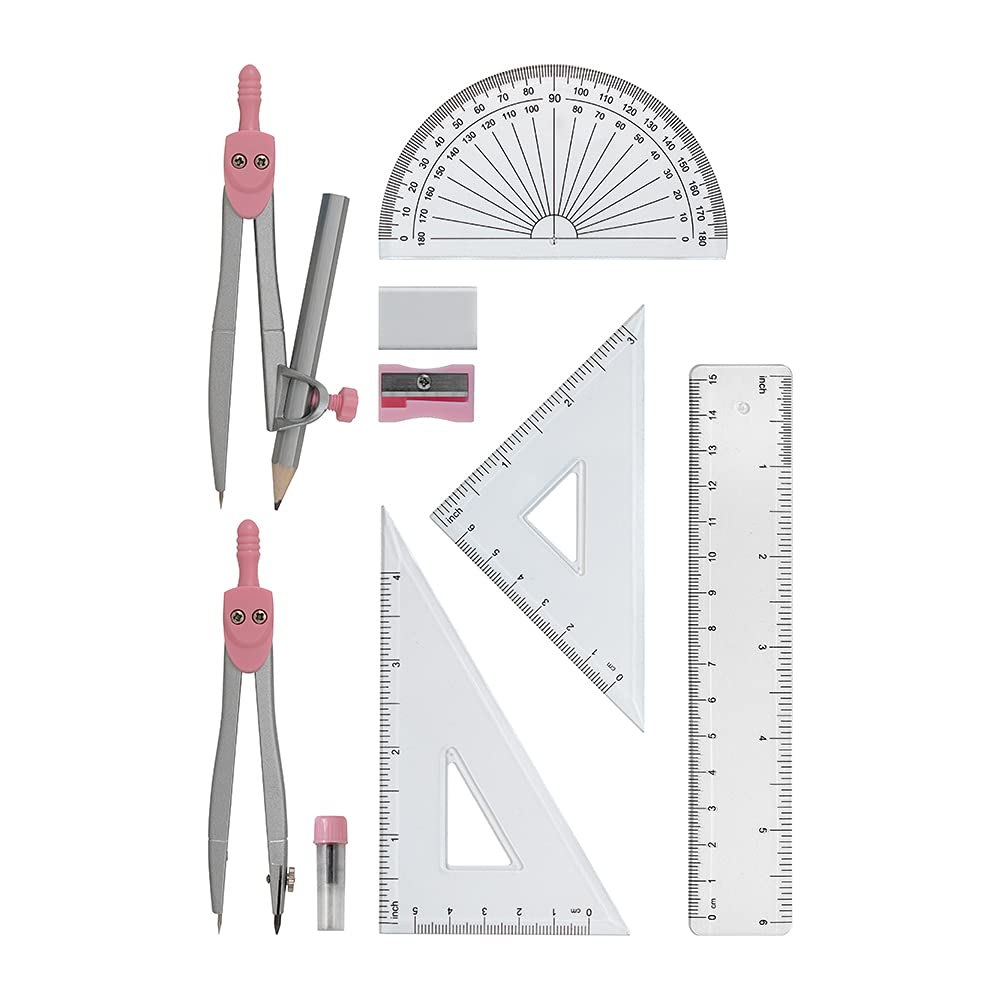 Linex Maths Geometry Set - 10-Piece Exam Kit with Compass, Protractor, Ruler | Pink Case 3