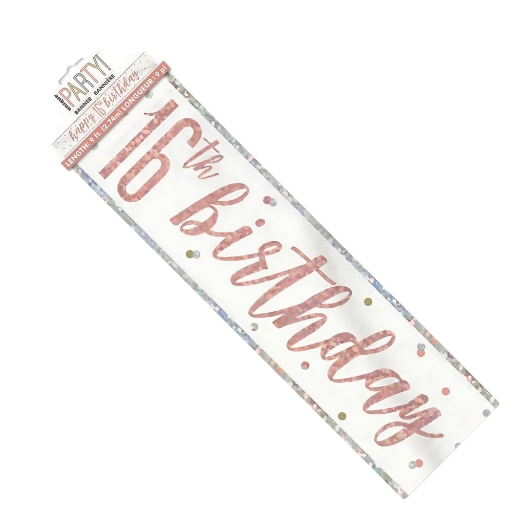 Unique Party Rose Gold Happy 16th Birthday Glitz Foil Banner - 274cm | Plastic 3