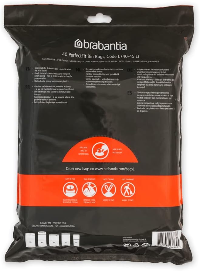 Brabantia - PerfectFit Bin Liners (Size L/40-45 Litre) Thick Plastic Trash Bags