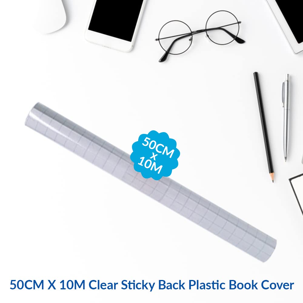 1ABOVE Premium Clear Sticky Back Plastic Book Cover Roll - 50CM x 10M | Durable Plastic Film