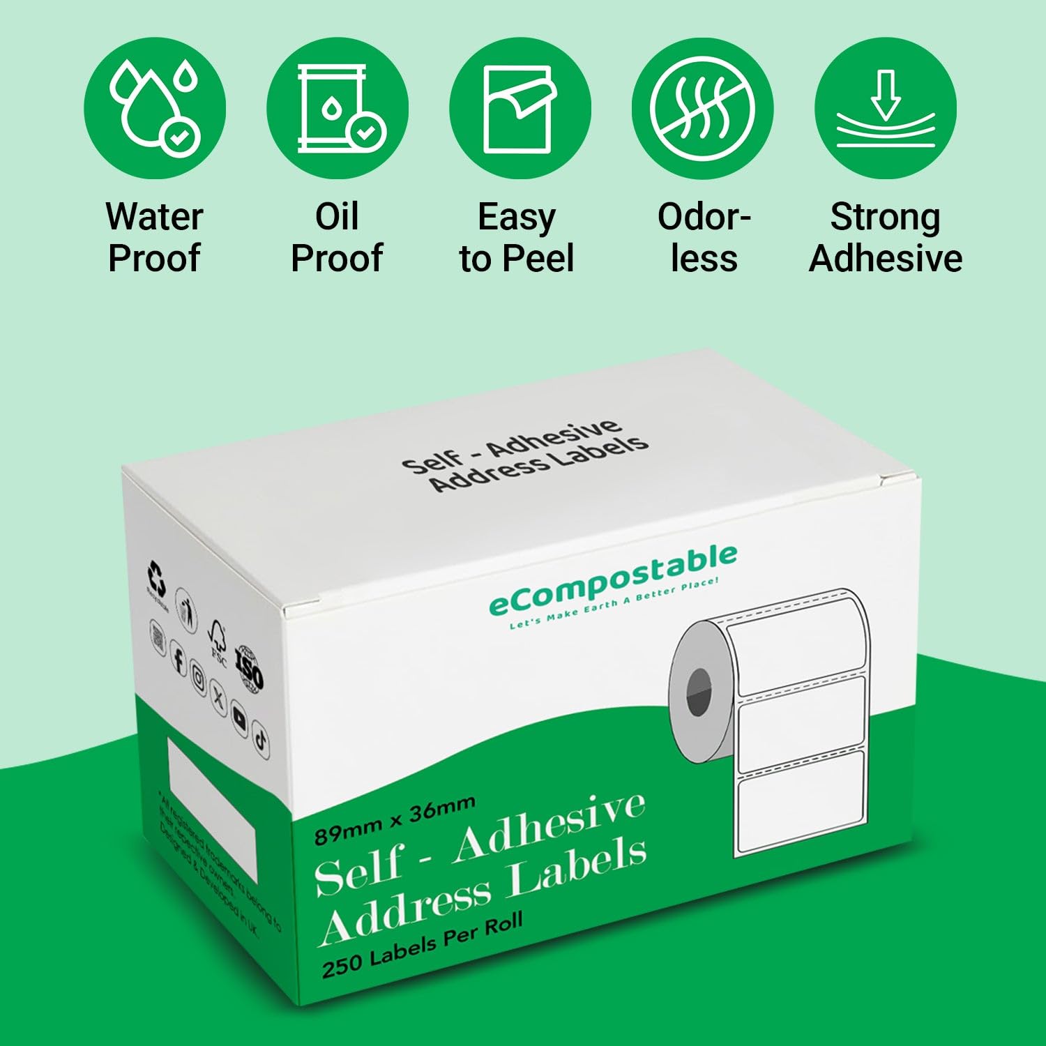 eCompostable Self Adhesive Address Labels - 89x36mm White Sticky Labels on Roll | 250 Count 4