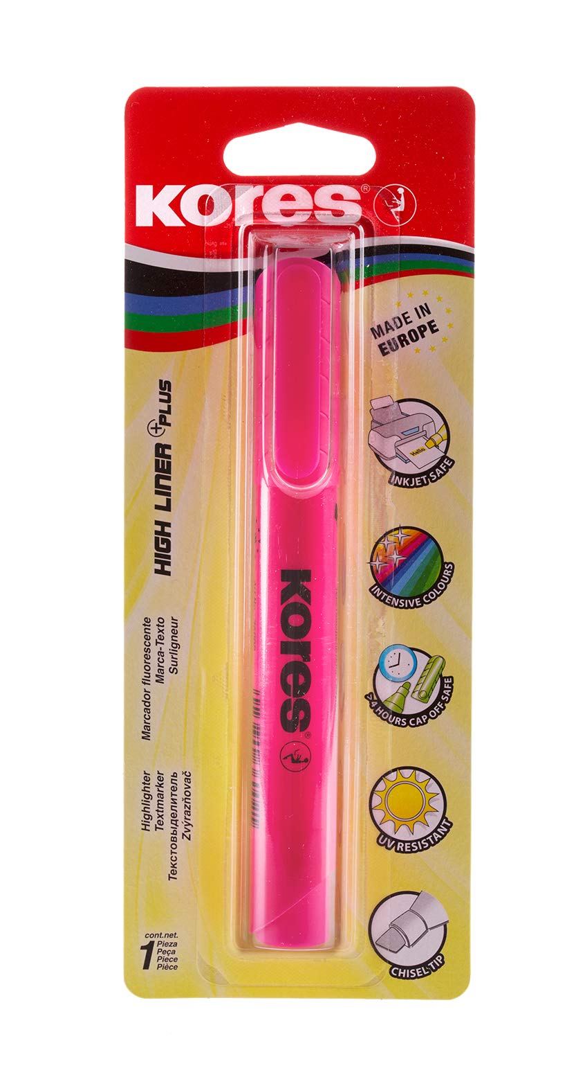 Kores High Liner Plus Fluorescent Pink Highlighter Pen with Chisel Tip | Water-Based Ink | Non-Toxic 1
