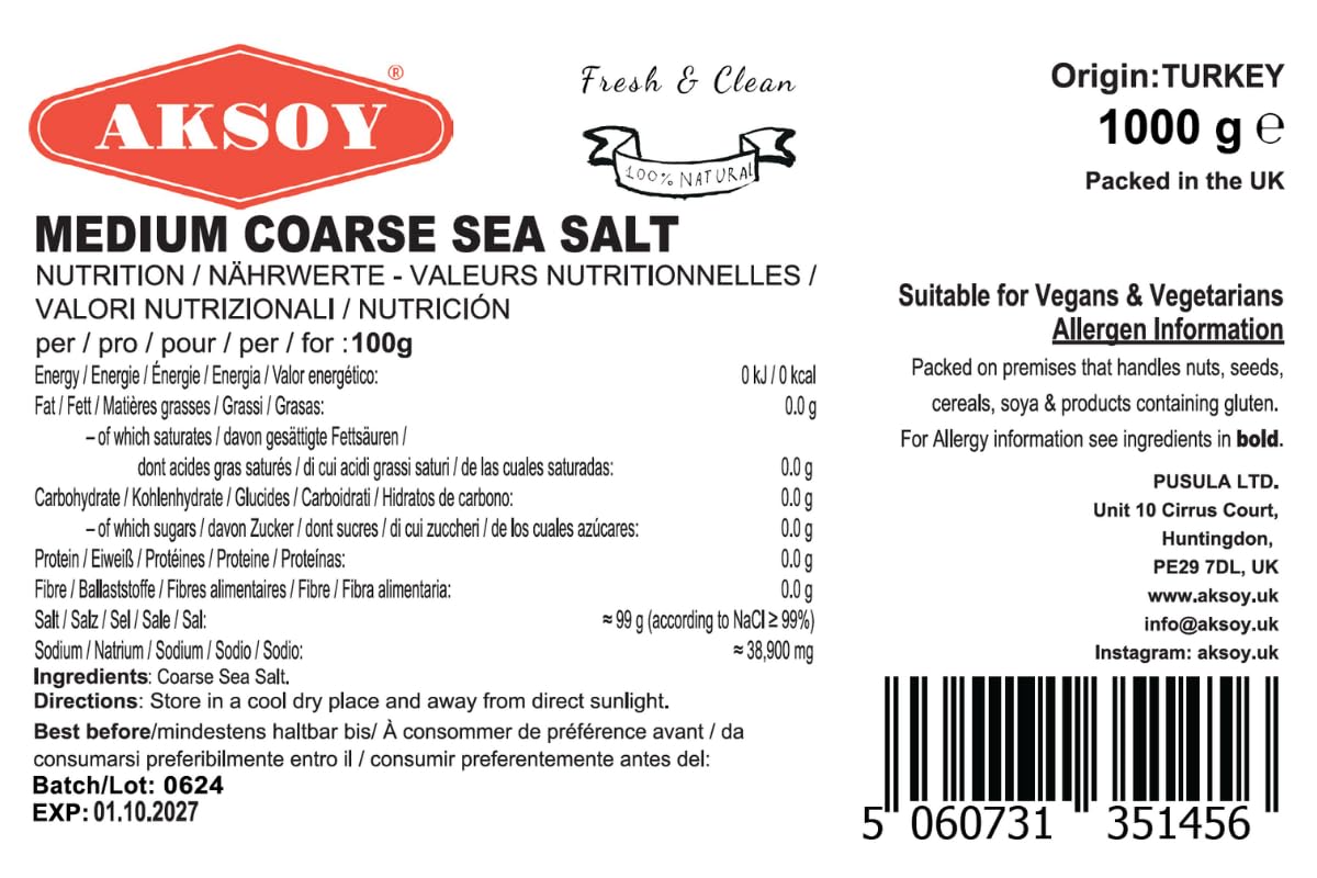 AKSOY Sea Salt - Medium Coarse Grain | 1kg | GMO Free, Vegan 3