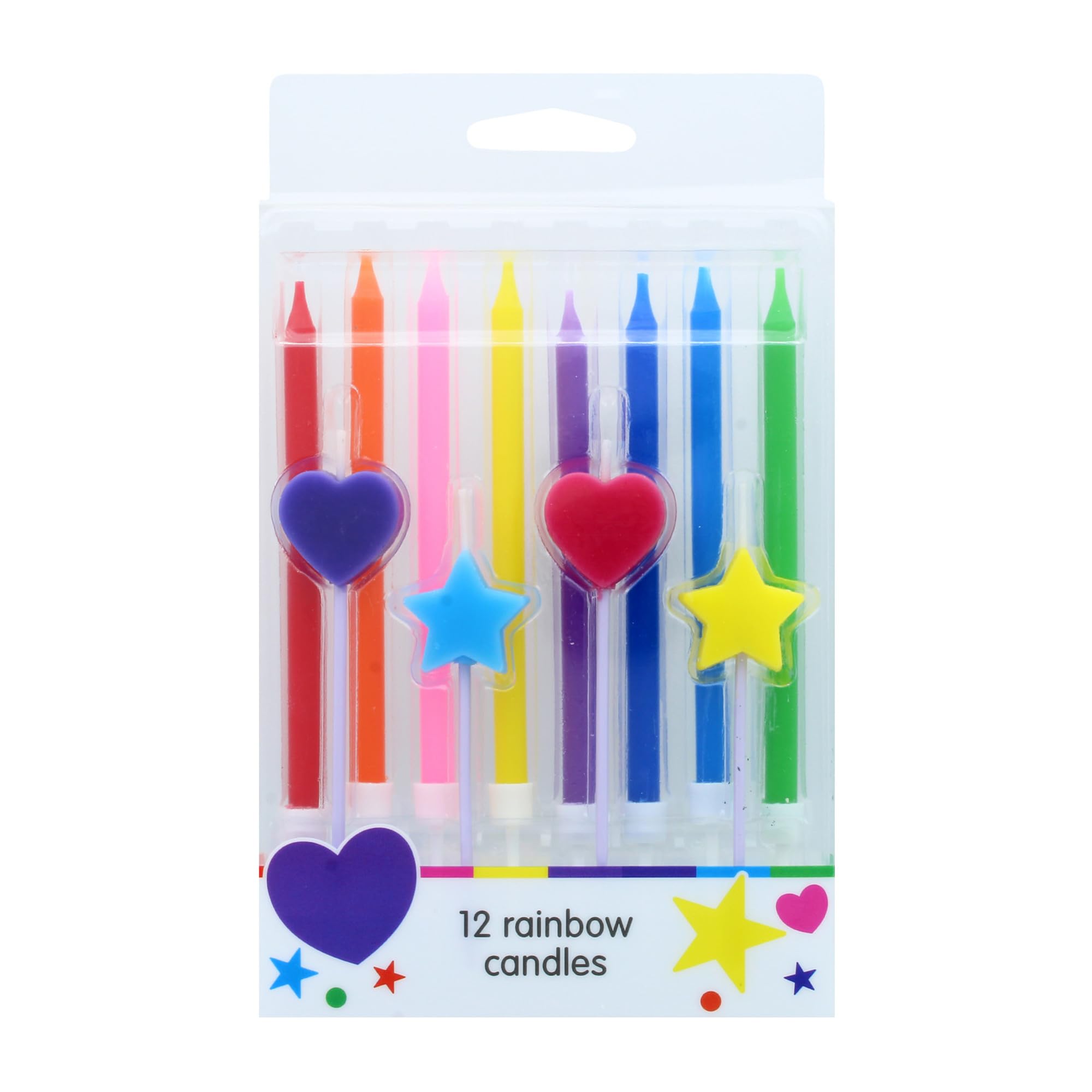 Culpitt Rainbow Birthday Cake Candles - 12 Pack with Tall, Heart, and Star Shapes | Multicoloured Wax