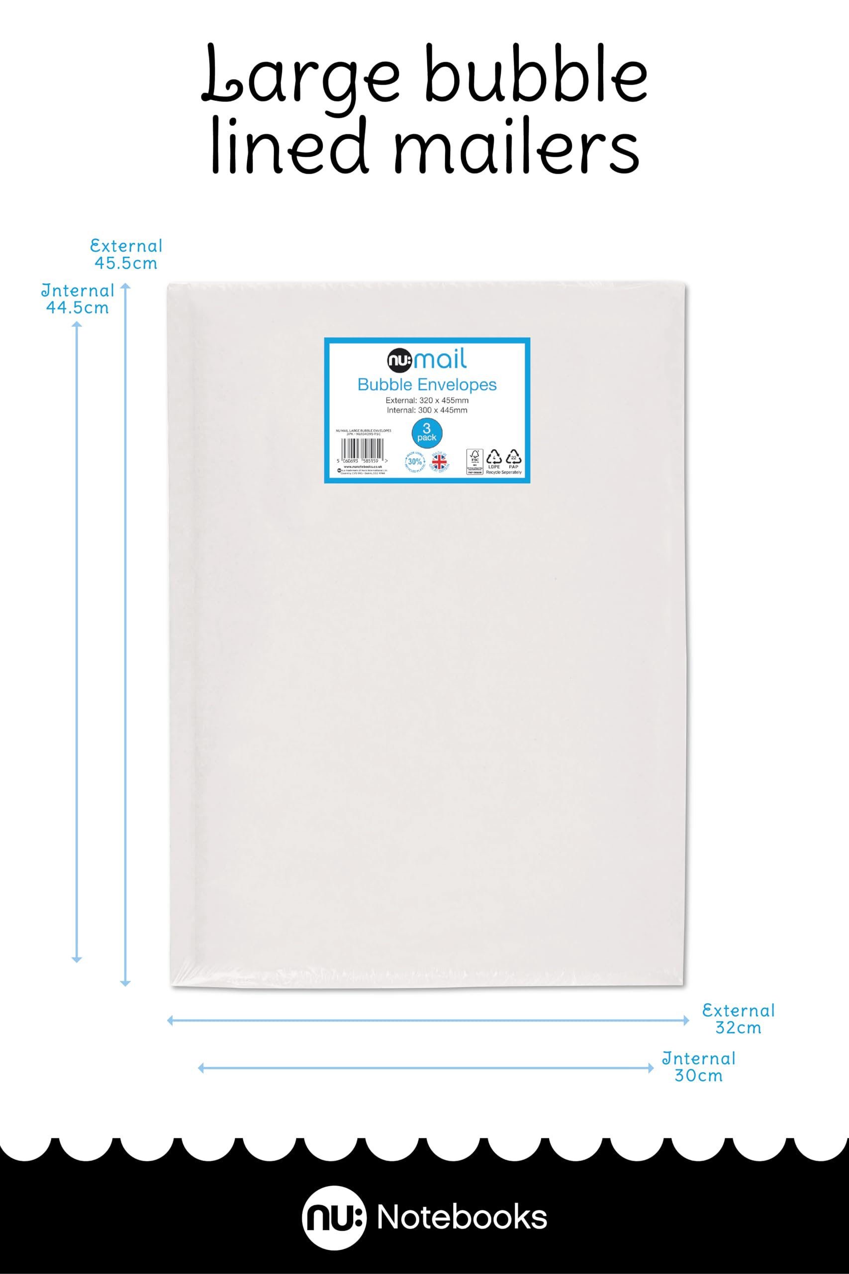 nu: Large Padded Bubble Envelope Mailers - 3 Pack | Self-Seal Protective Packaging | White 3