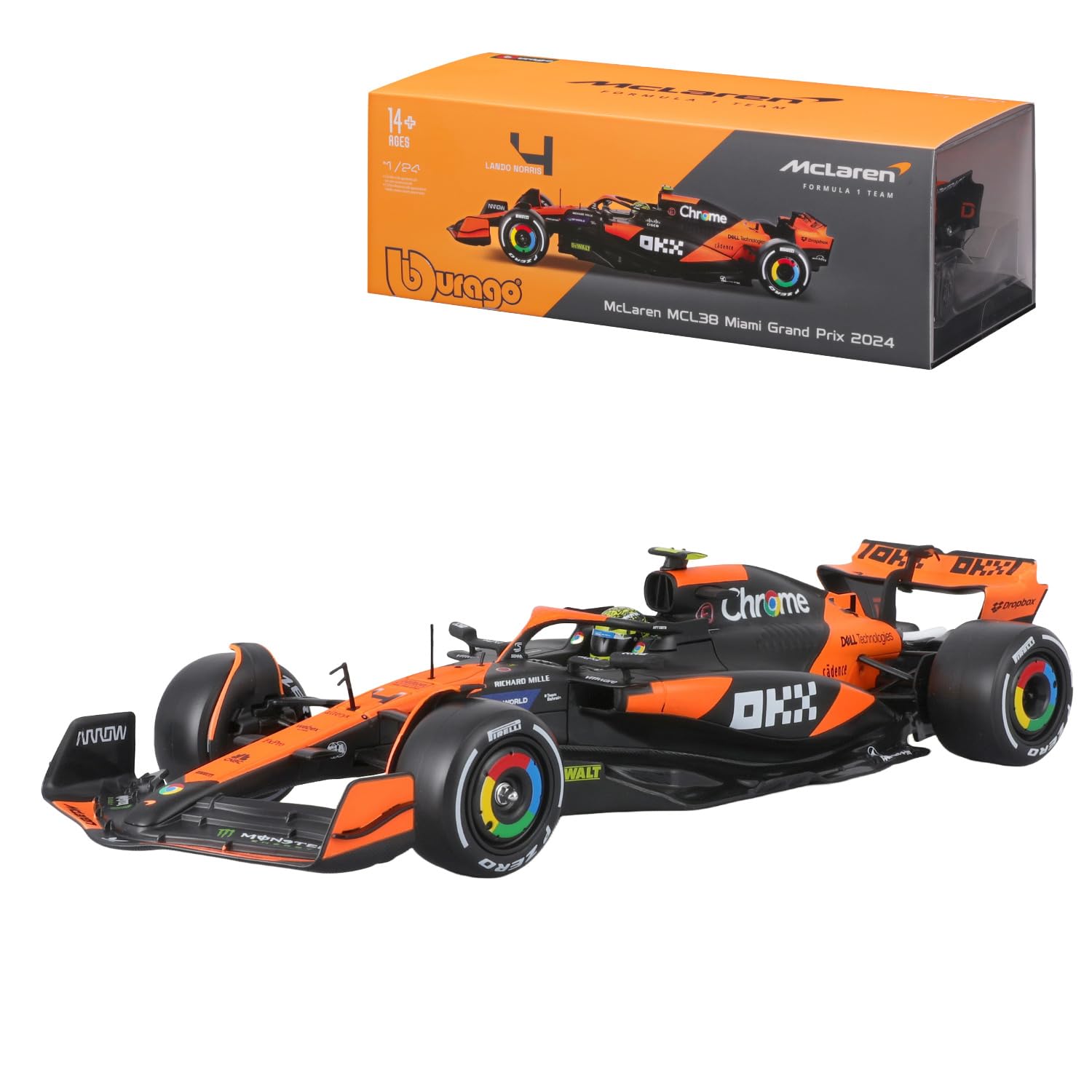 Bburago McLaren MCL38 F1 2024 Norris #4 with Helmet Diecast Model Car 1:24 Scale