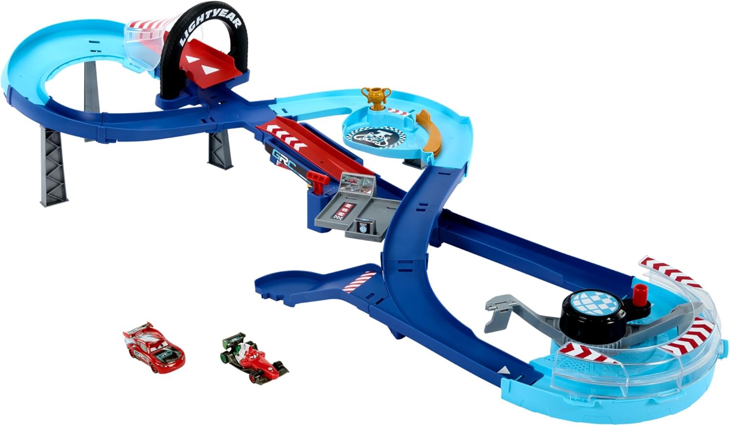 Mattel Disney and Pixar Cars GRC Jumping Raceway Playset with Lightning McQueen & Francesco Bernoulli Toy Cars - Ages 4-8