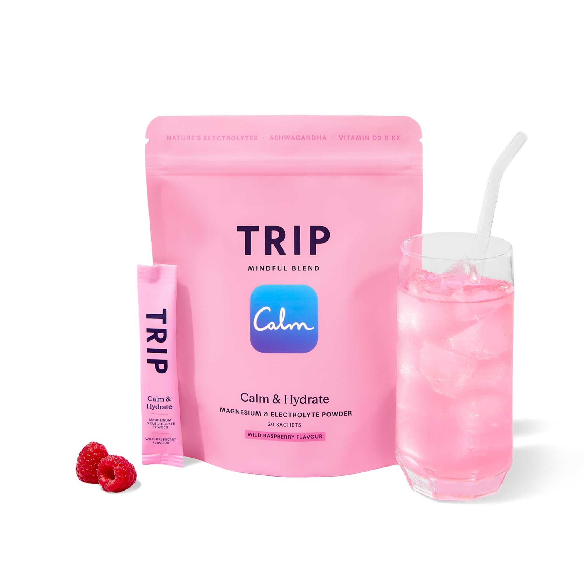 TRIP Calm & Hydrate Electrolyte + Magnesium Powder - Wild Raspberry | On-The-Go Sachets 1