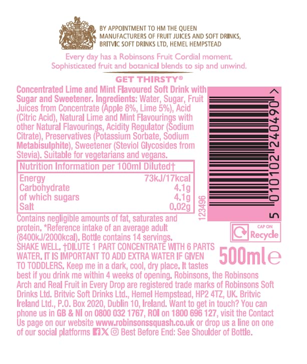 Robinsons Lime and Mint Fruit Cordial - 8 x 500 ml