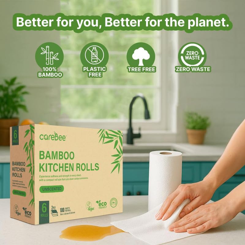 CareBee Kitchen Roll - 2 Ply Strong & Absorbent Bamboo Paper Towels | 6 Pack 2