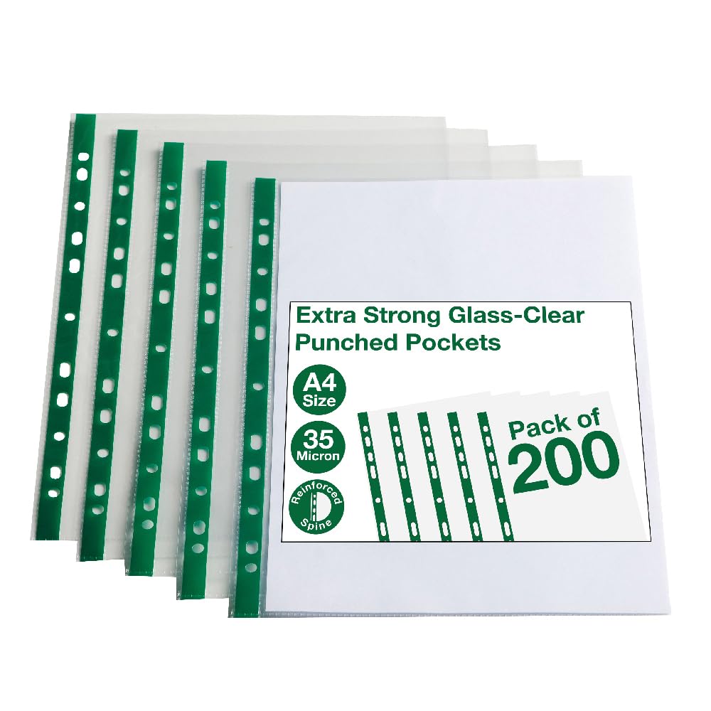 SUMMIT A4 Glass Clear Punched Pockets - 200 Pack | Crystal Clear Polypropylene | Universal Multi-Punch