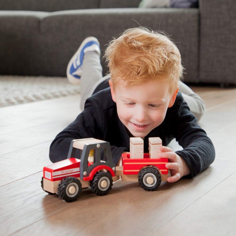 New Classic Toys Wooden Tractor with Trailer and Hay Stacks - Educational Farm Vehicle for Toddlers 18 Months+ 14