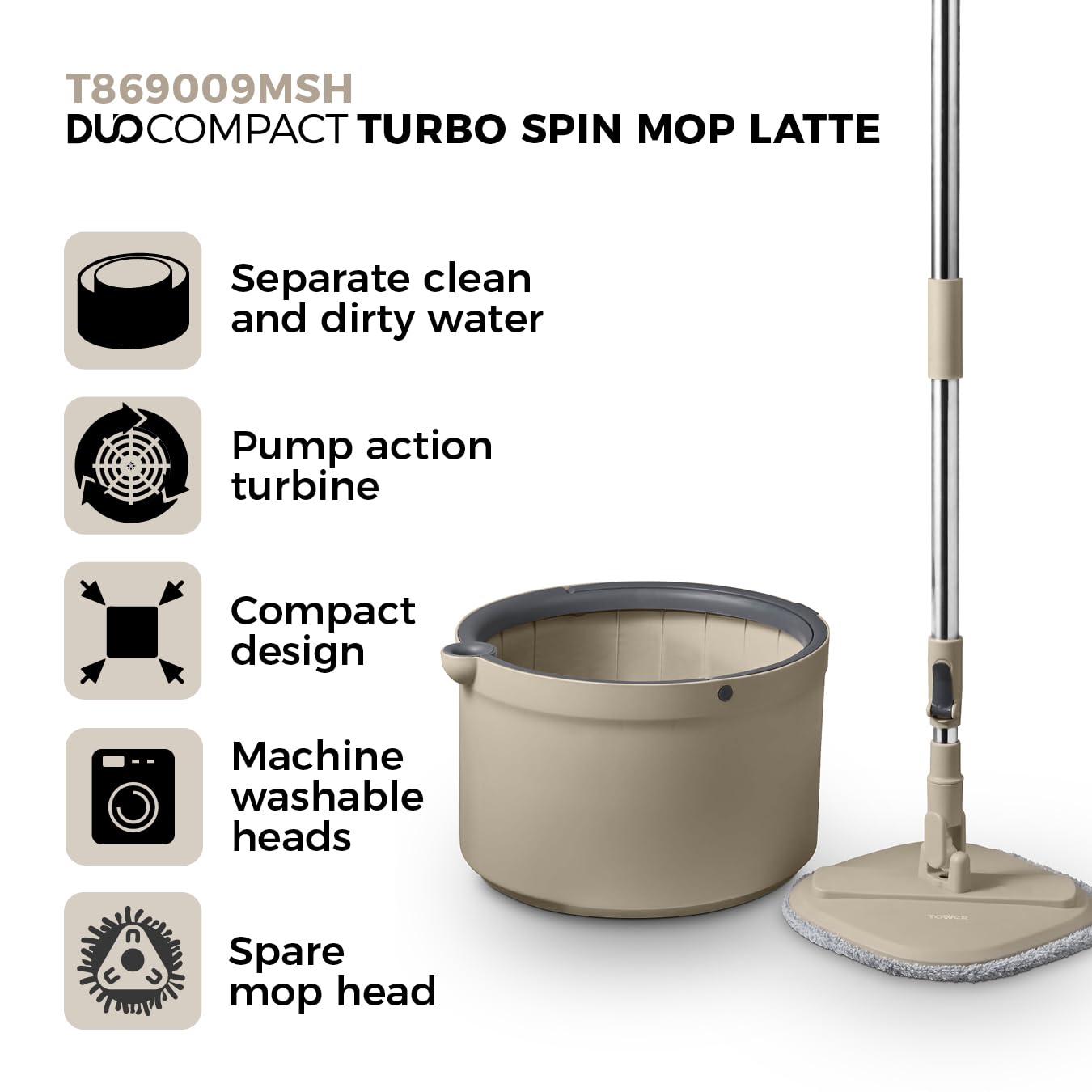 Tower Duo Compact Spin Mop & Bucket - Clean/Dirty Water Separation | 2 Microfibre Pads | Latte & Grey 2