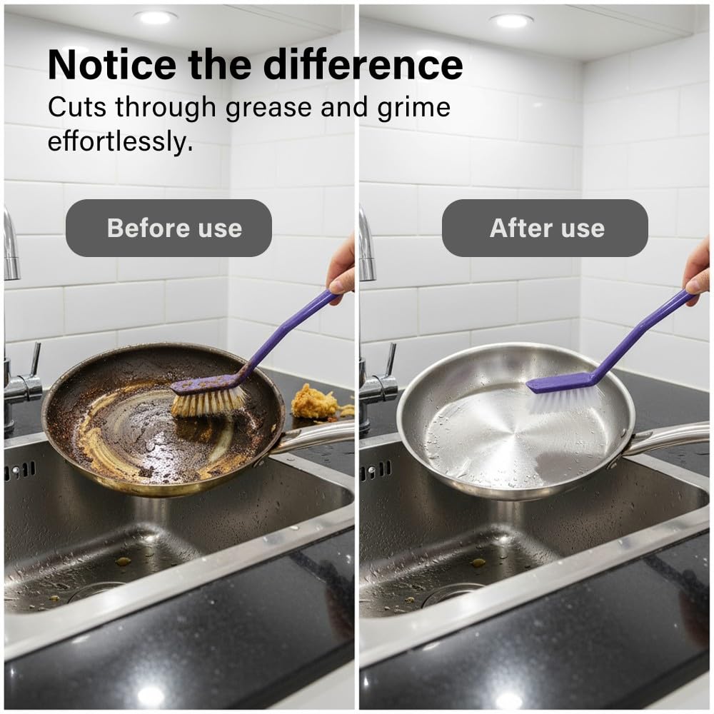 Vivo Technologies - Washing Up Brushes Pack of 3 | Non-Slip Grip with Built-In Scraper for Kitchen Cleaning 10