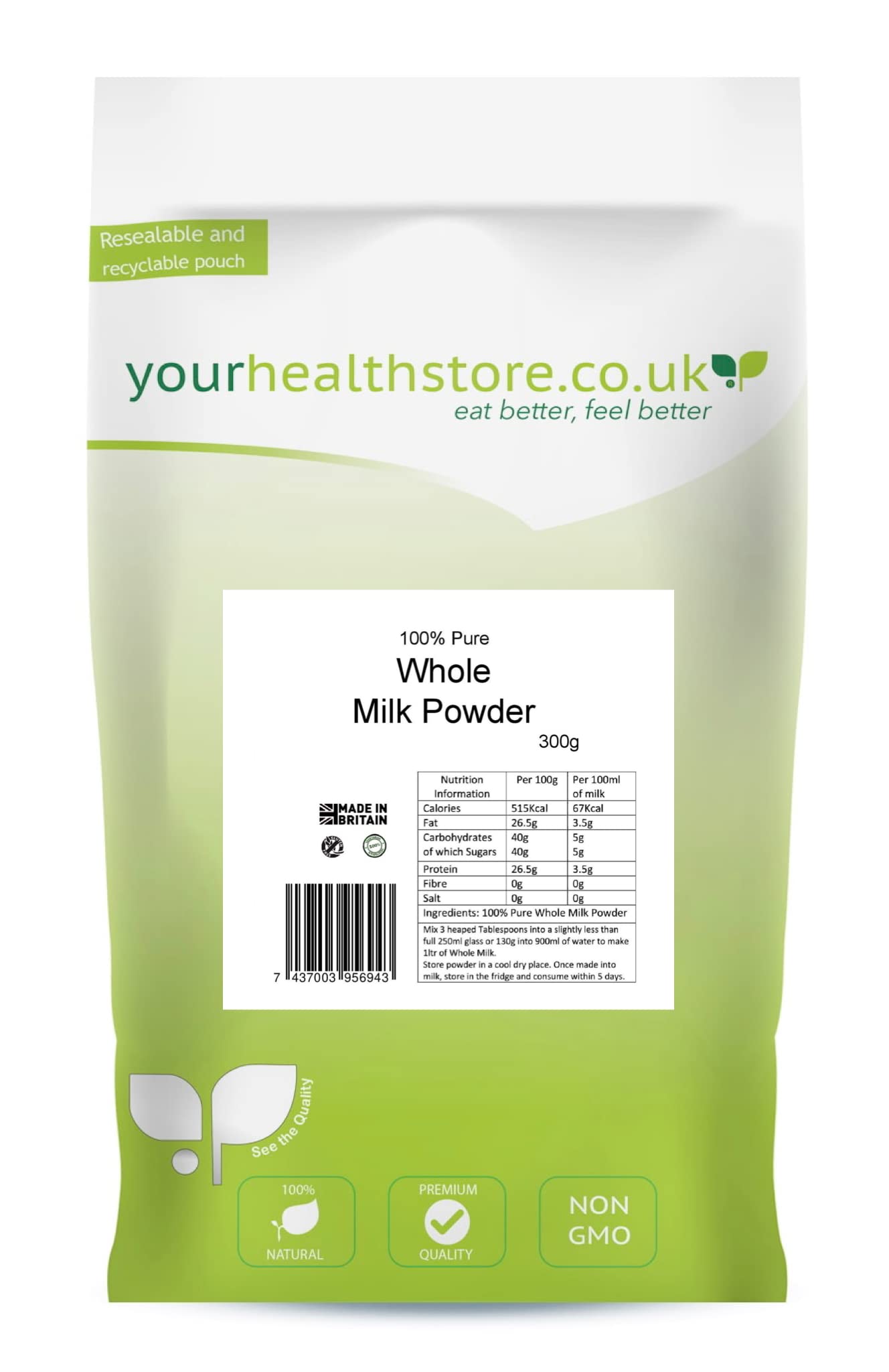 yourhealthstore 100% Pure Whole Milk Powder - 300g | Gluten Free | Vegetarian