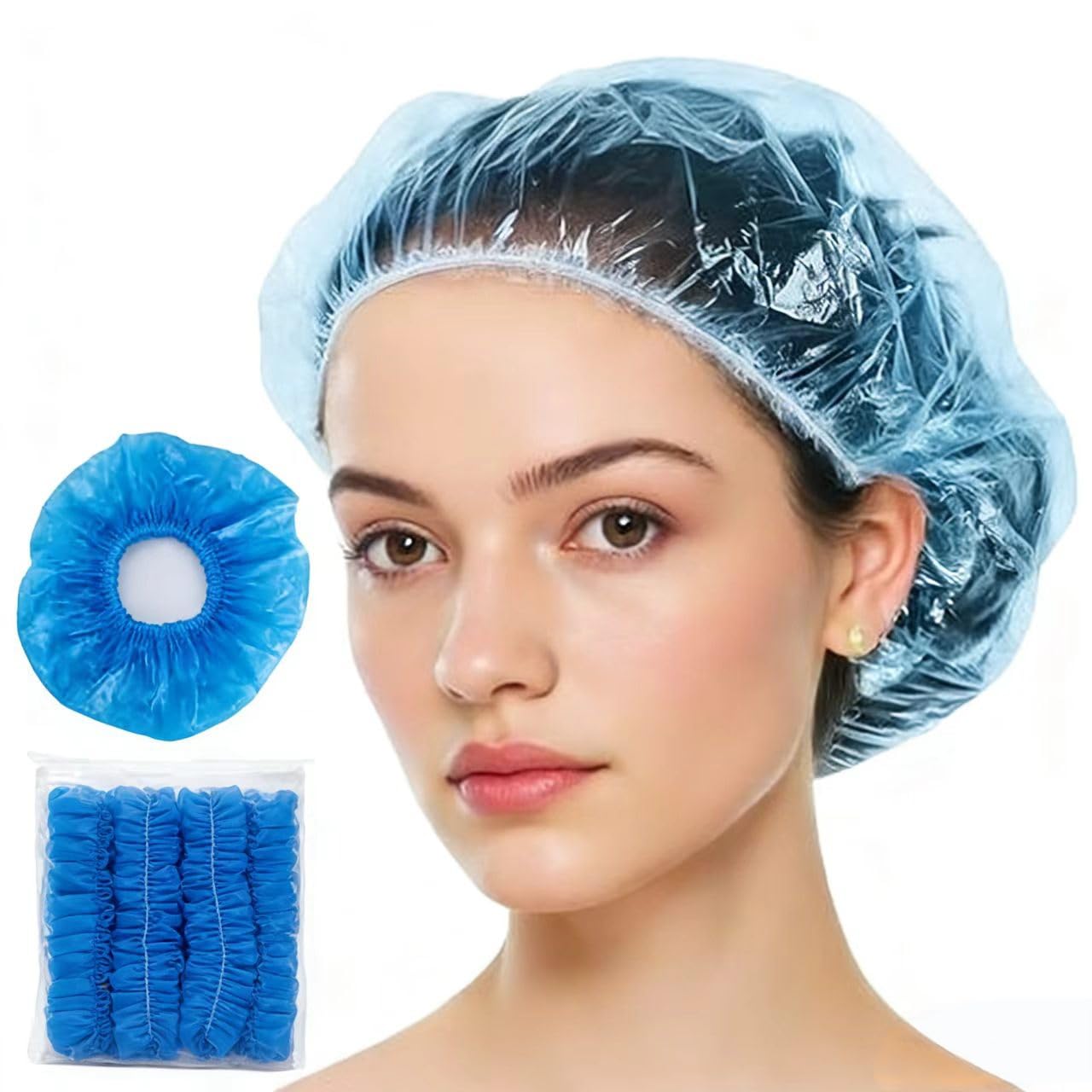 Muexoee 100 Pcs Disposable Shower Caps - 42cm Large Waterproof | Elastic Fit | Blue