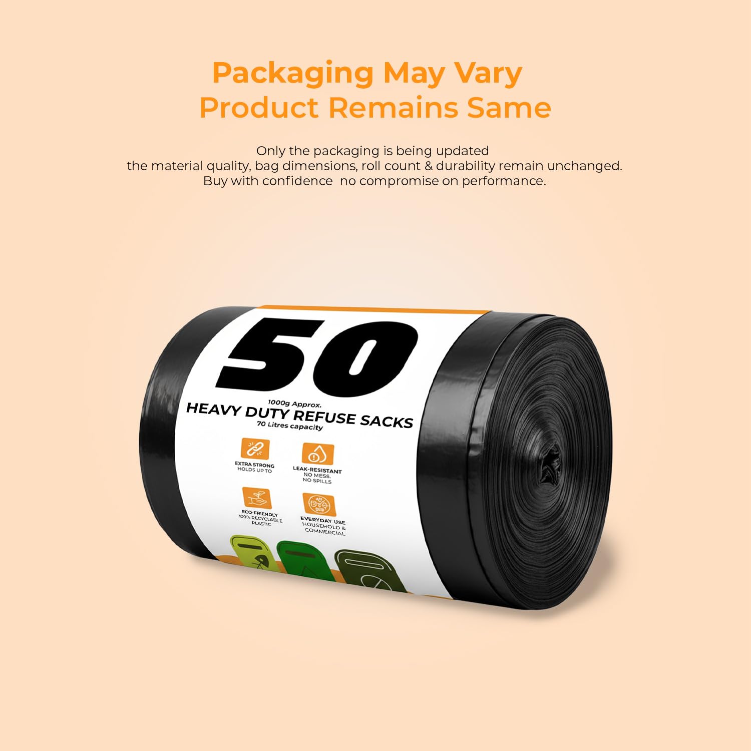 Roe Tenpo Heavy Duty Bin Bags - 100 Pack, 70L Capacity, 30 Micron Thick | Recycled Plastic